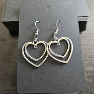 Double Heart Silver Drop Earrings